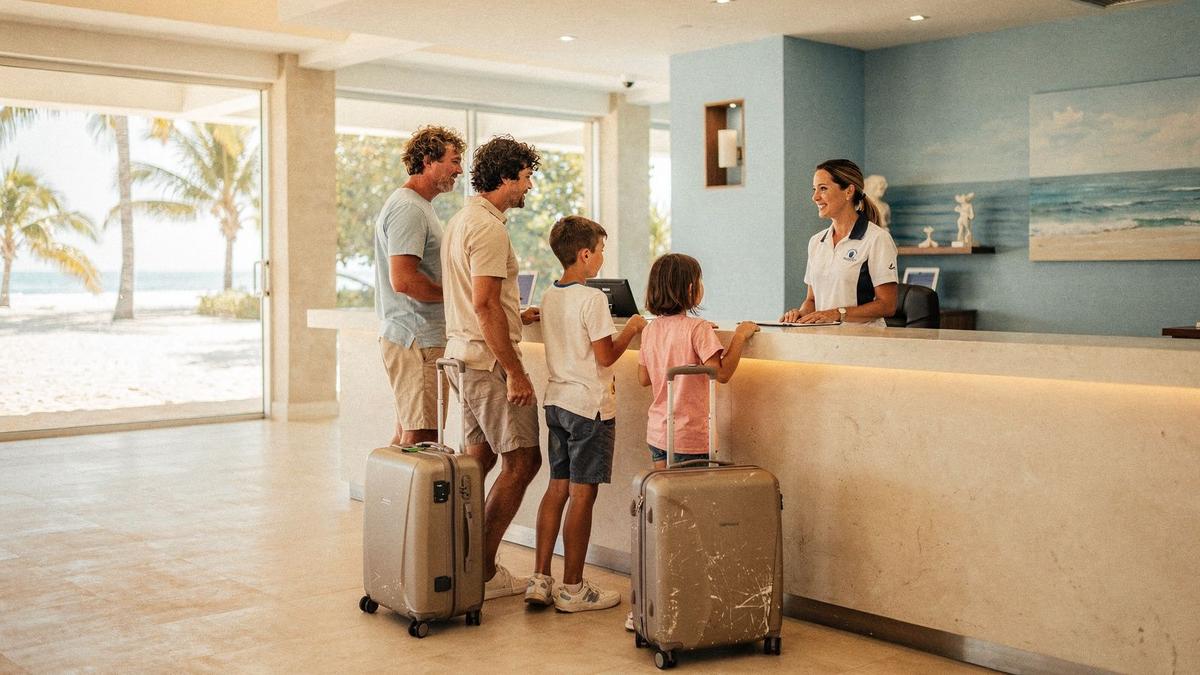 Family with two children checking in at a resort reception desk with luggage beside them