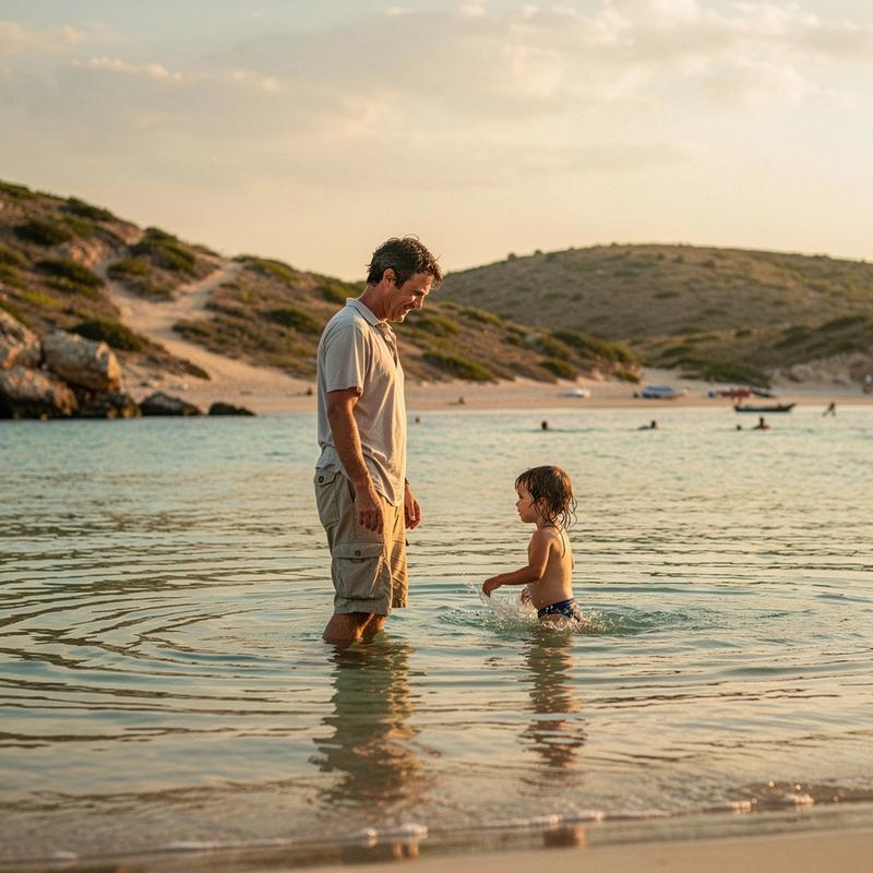 Parent and small child wading in knee-deep water at a sheltered beach