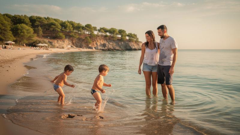Family swimming in a shallow sandy bay at Antalya, Turkey