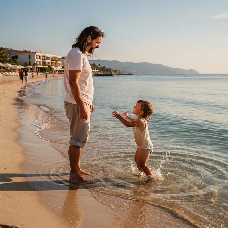 Parent and child wading in shallow water at a sandy resort beach before sunset