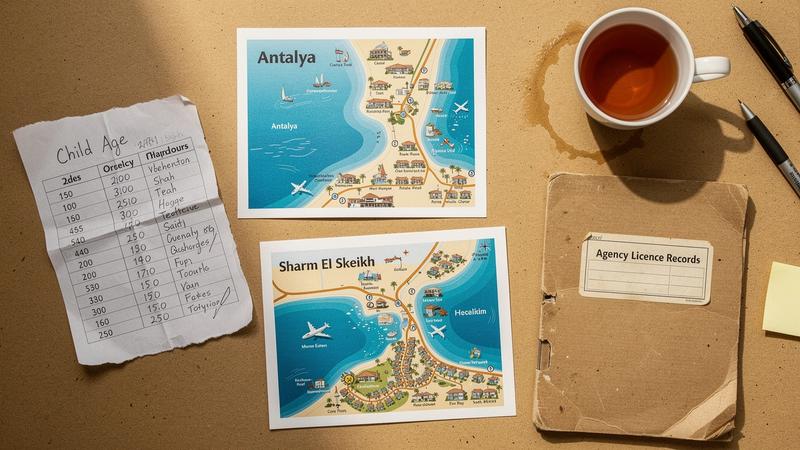 Planning desk with printed destination notes, a child age chart and a folder of partner agency licence records