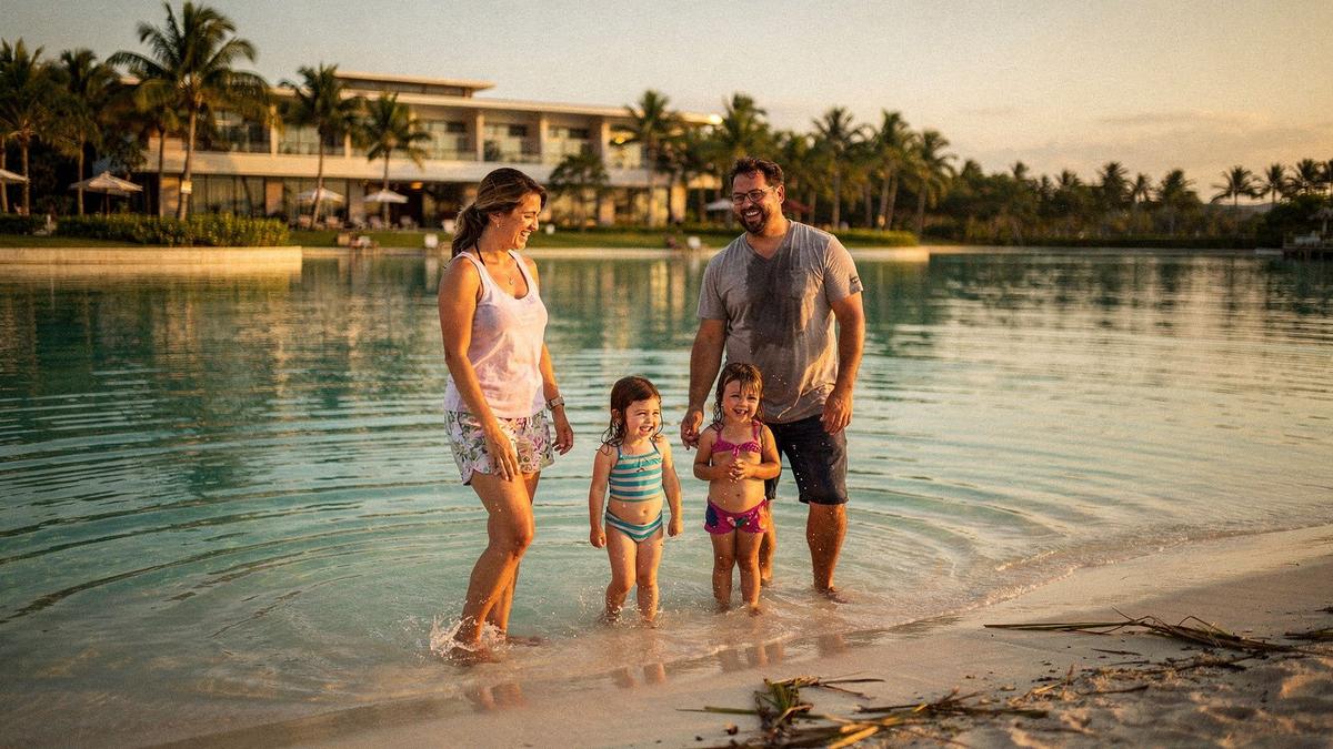 Parents and two children wading in a shallow hotel lagoon at sunset during a family beach holiday
